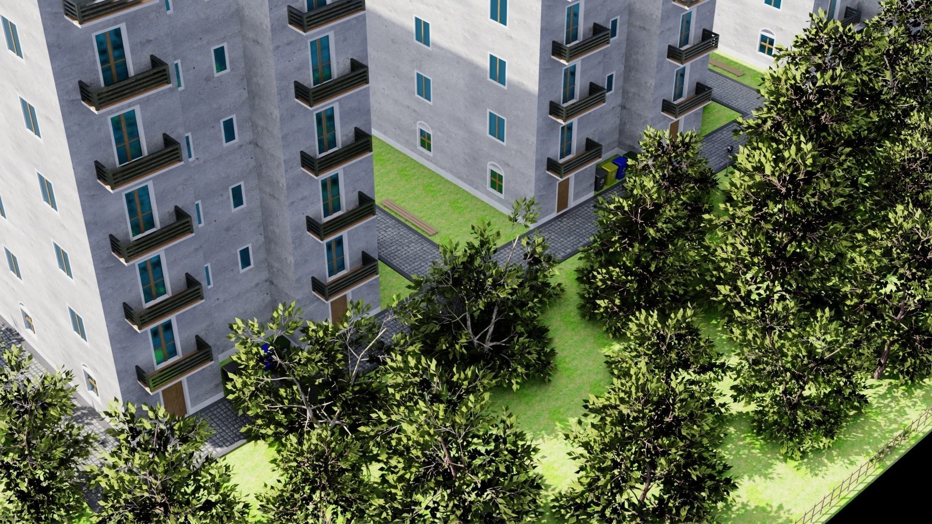 Neighborhood 3D model apartment building with trees surroundi... Low-poly 3D model_11