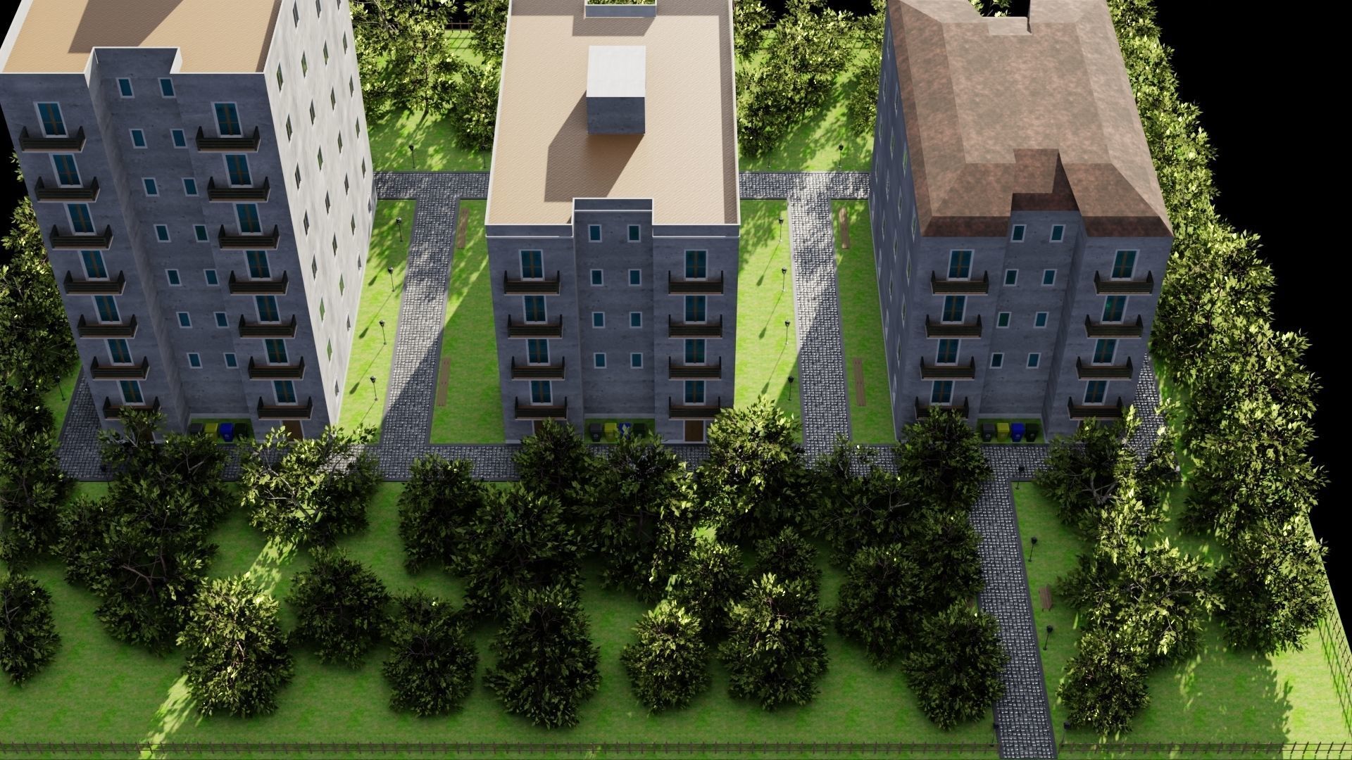 Neighborhood 3D model apartment building with trees surroundi... Low-poly 3D model_15
