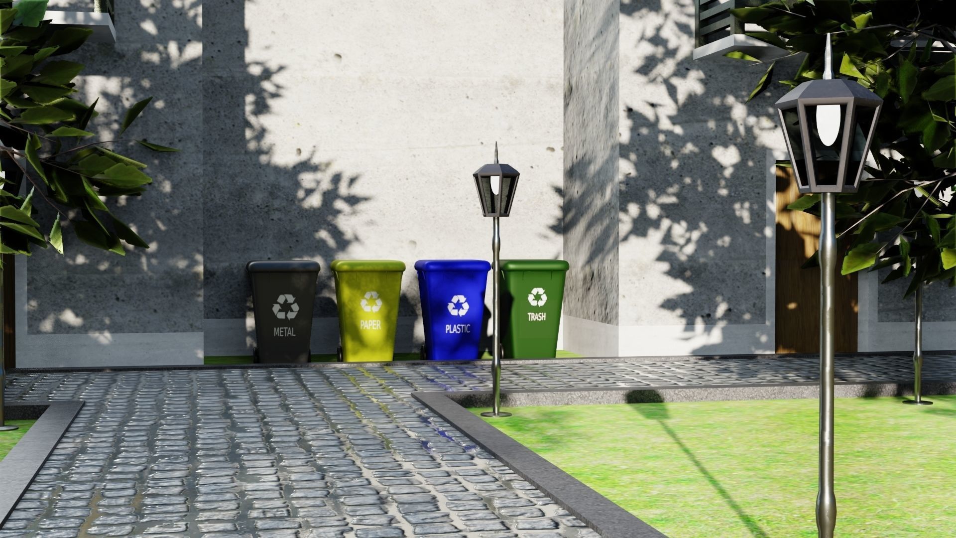 Neighborhood 3D model apartment building with trees surroundi... Low-poly 3D model_5