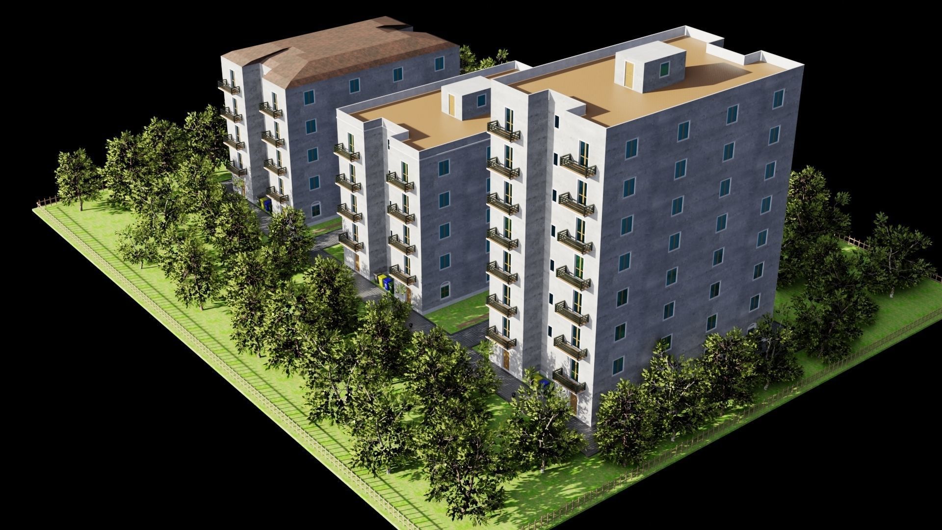 Neighborhood 3D model apartment building with trees surroundi... Low-poly 3D model_14