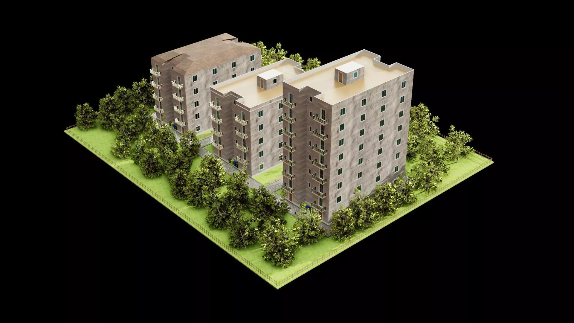 Neighborhood 3D model apartment building with trees surroundi... Low-poly 3D model_0