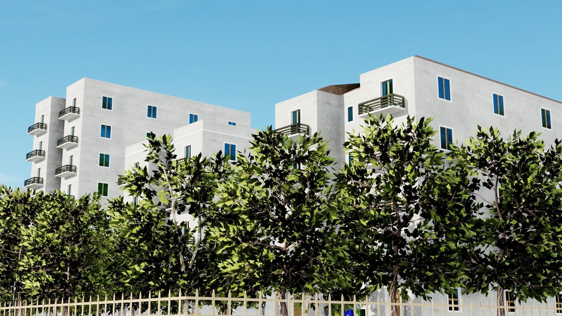 Neighborhood 3D model apartment building with trees surroundi... Low-poly 3D model_1