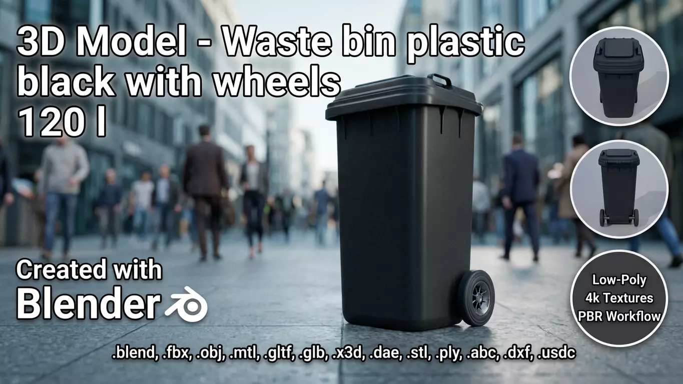 Black Plastic Waste Bin 120 Liters 945x393x480 Low-poly 3D model