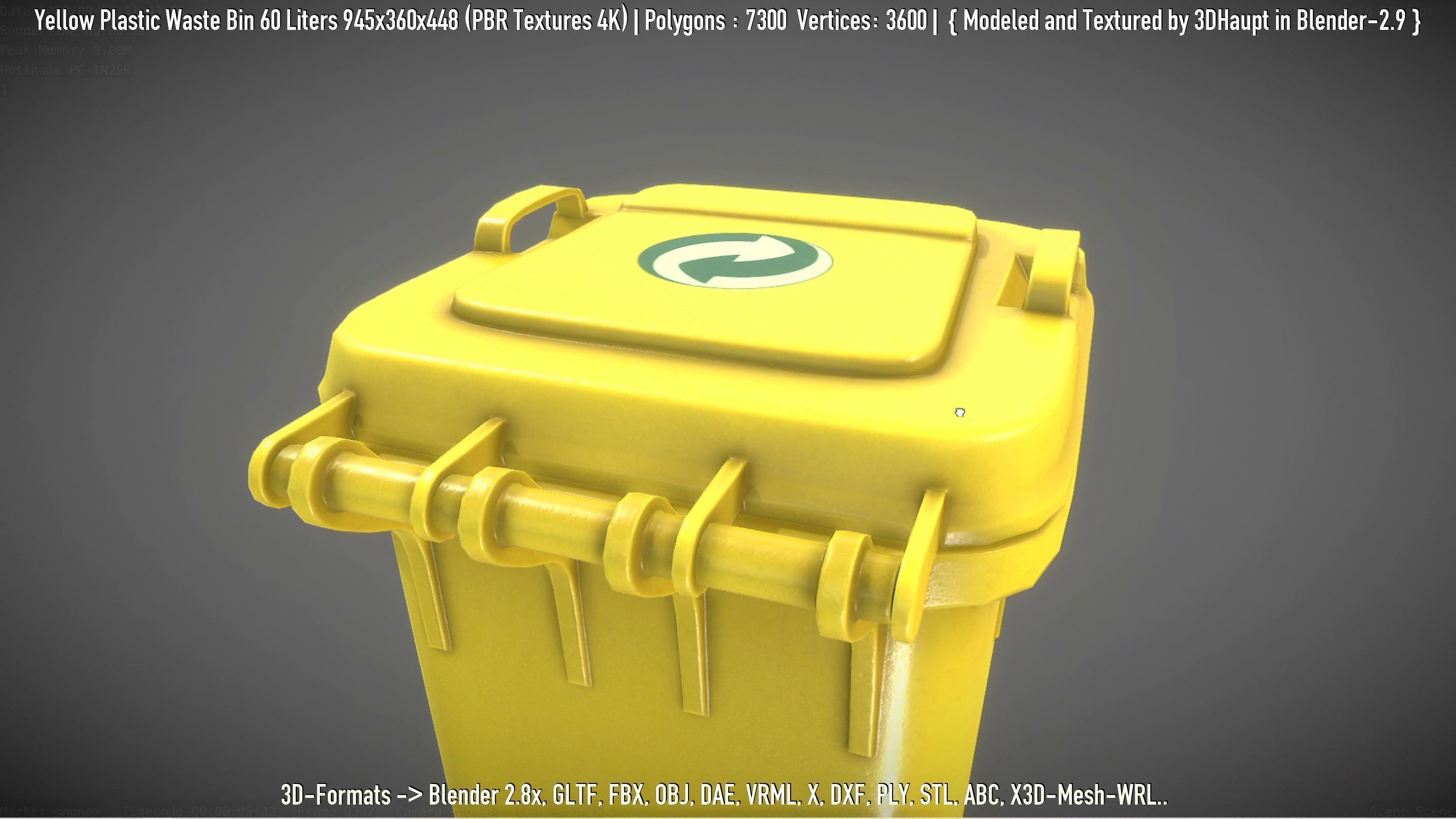 Yellow Plastic Waste Bin 60 Liters 945x360x448 Low-poly 3D model_112