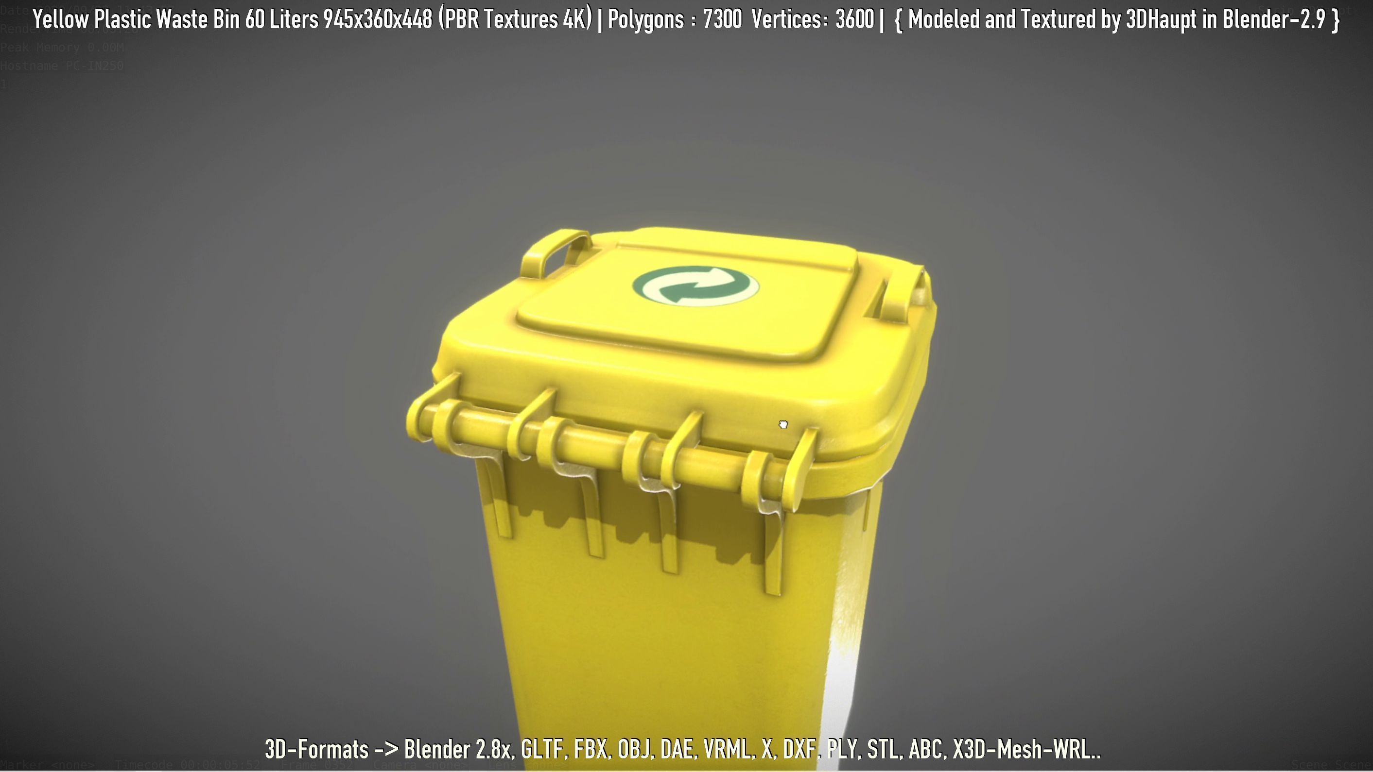 Yellow Plastic Waste Bin 60 Liters 945x360x448 Low-poly 3D model_2