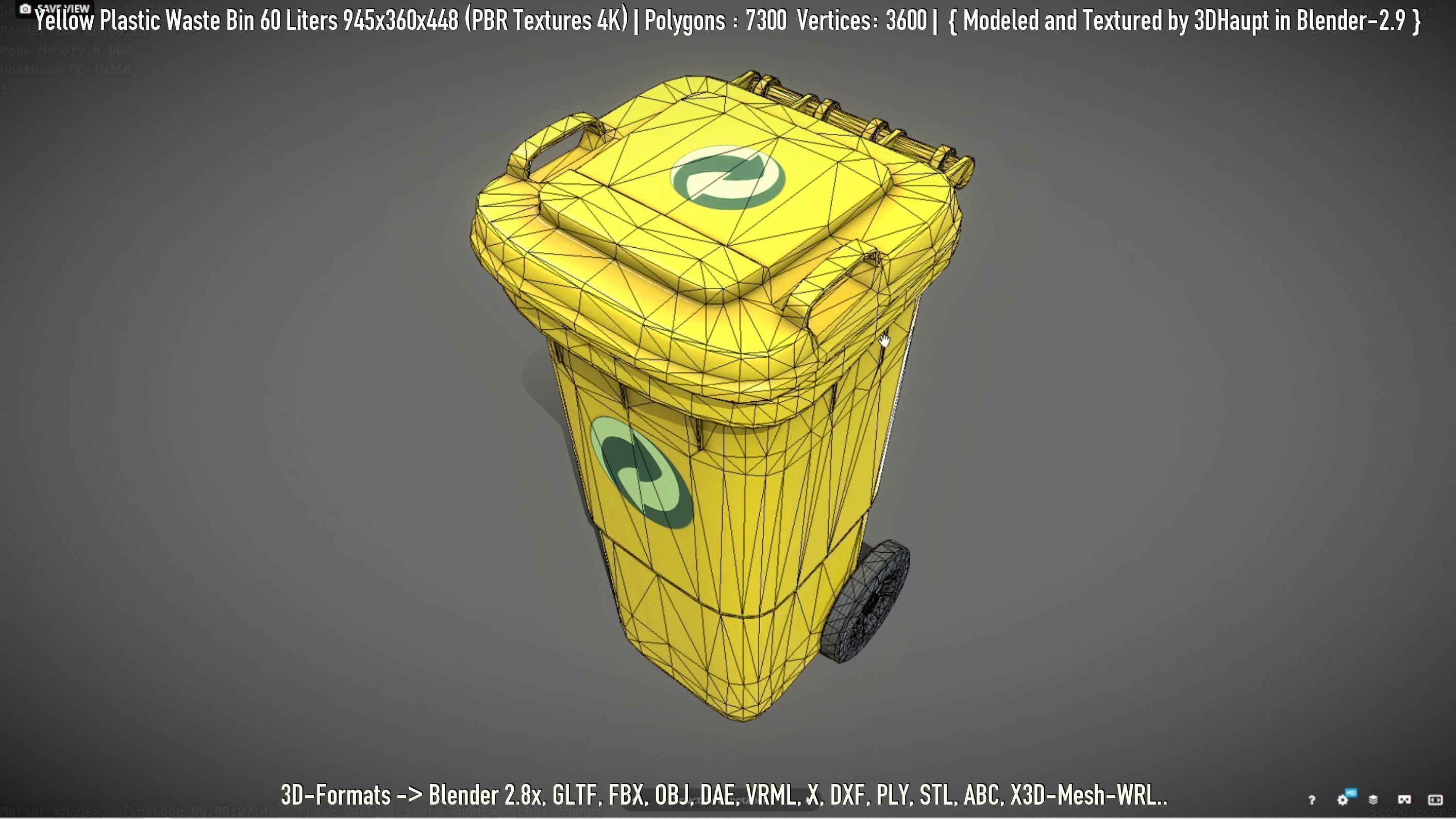 Yellow Plastic Waste Bin 60 Liters 945x360x448 Low-poly 3D model_6