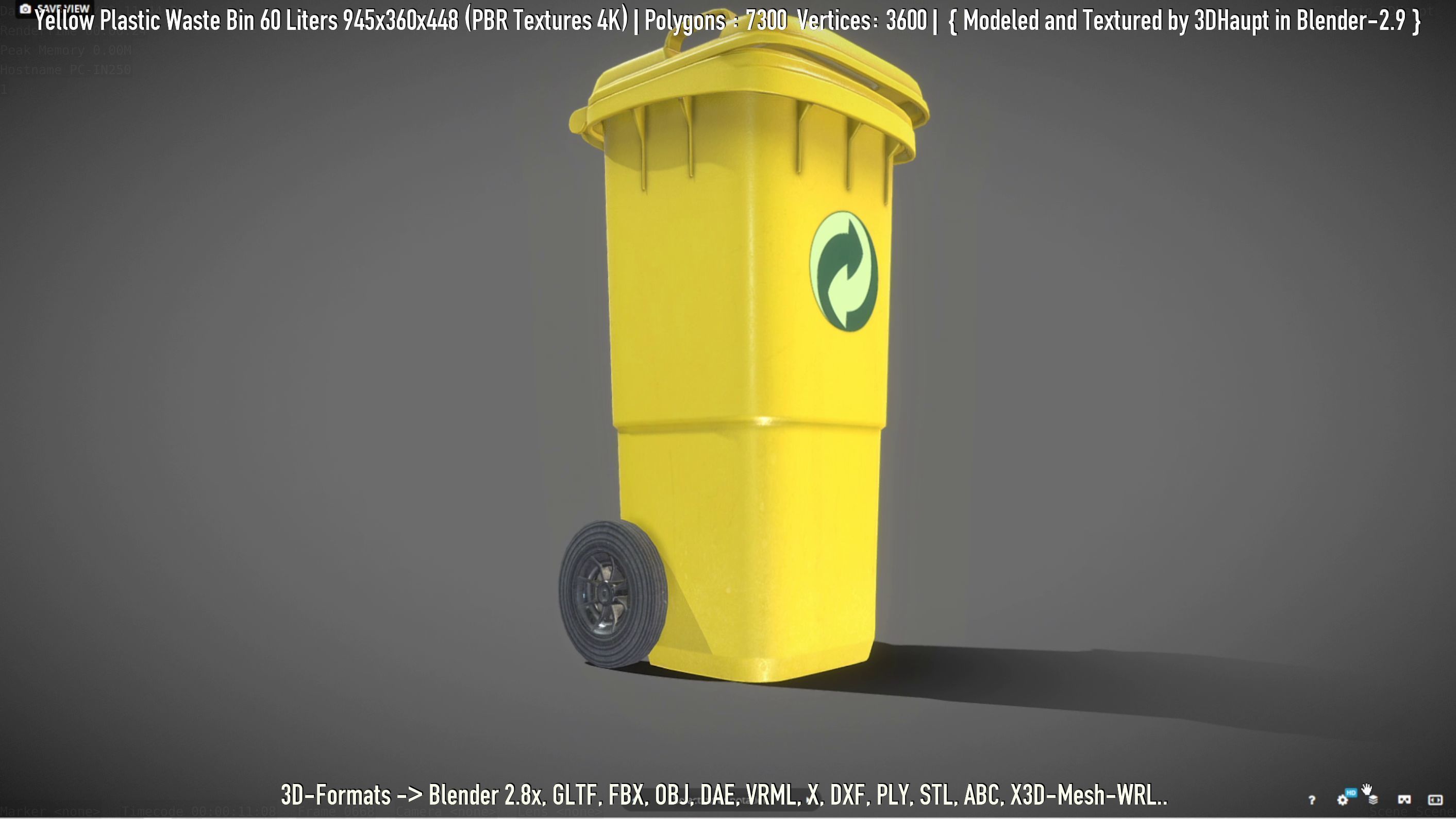 Yellow Plastic Waste Bin 60 Liters 945x360x448 Low-poly 3D model_10
