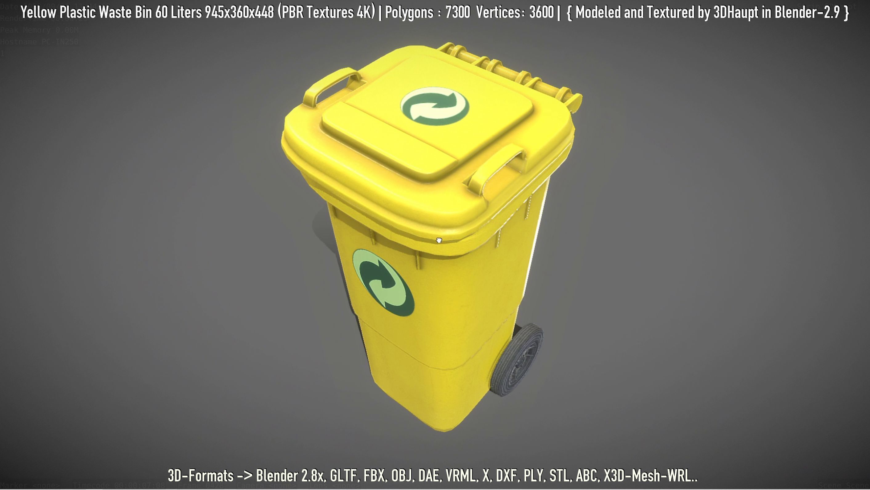 Yellow Plastic Waste Bin 60 Liters 945x360x448 Low-poly 3D model_5