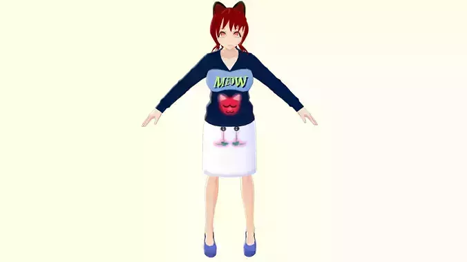 ASIAN GIRL RED CAT 3D MODEL RIGGED T POSE SHAPE KEYS 3D model
