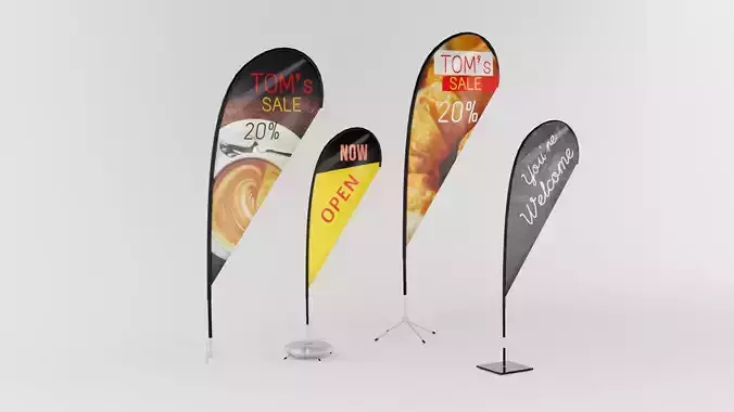 4 Types of advertising Teardrop flags banners restaurant scene