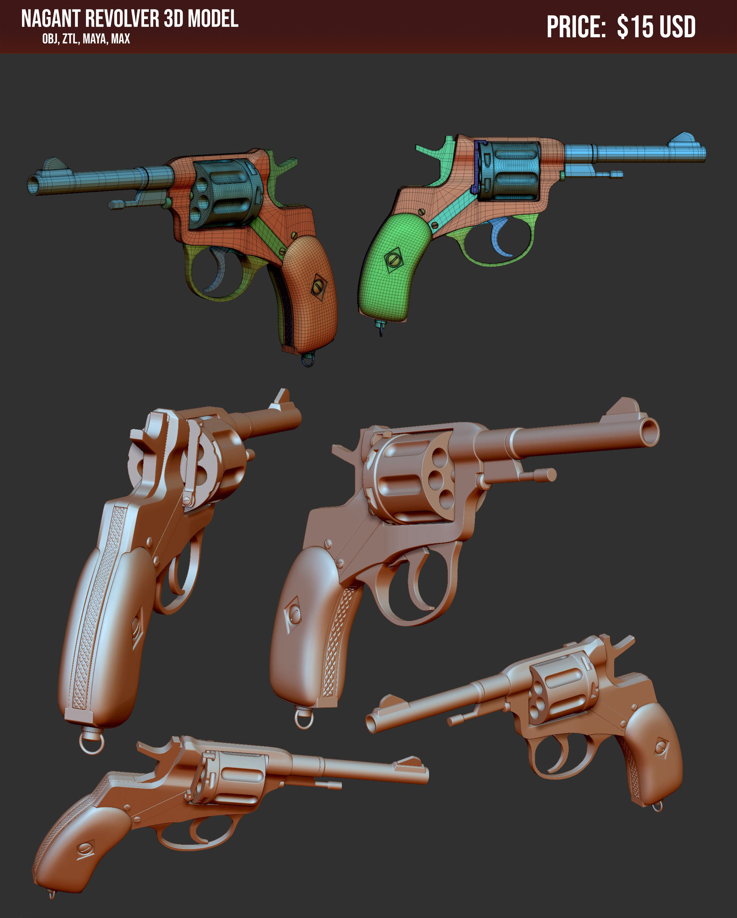 Nagant Revolver Gun Low-poly 3D model_9