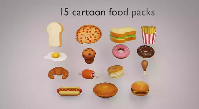 15 cartoon food assets Low-poly 3D model