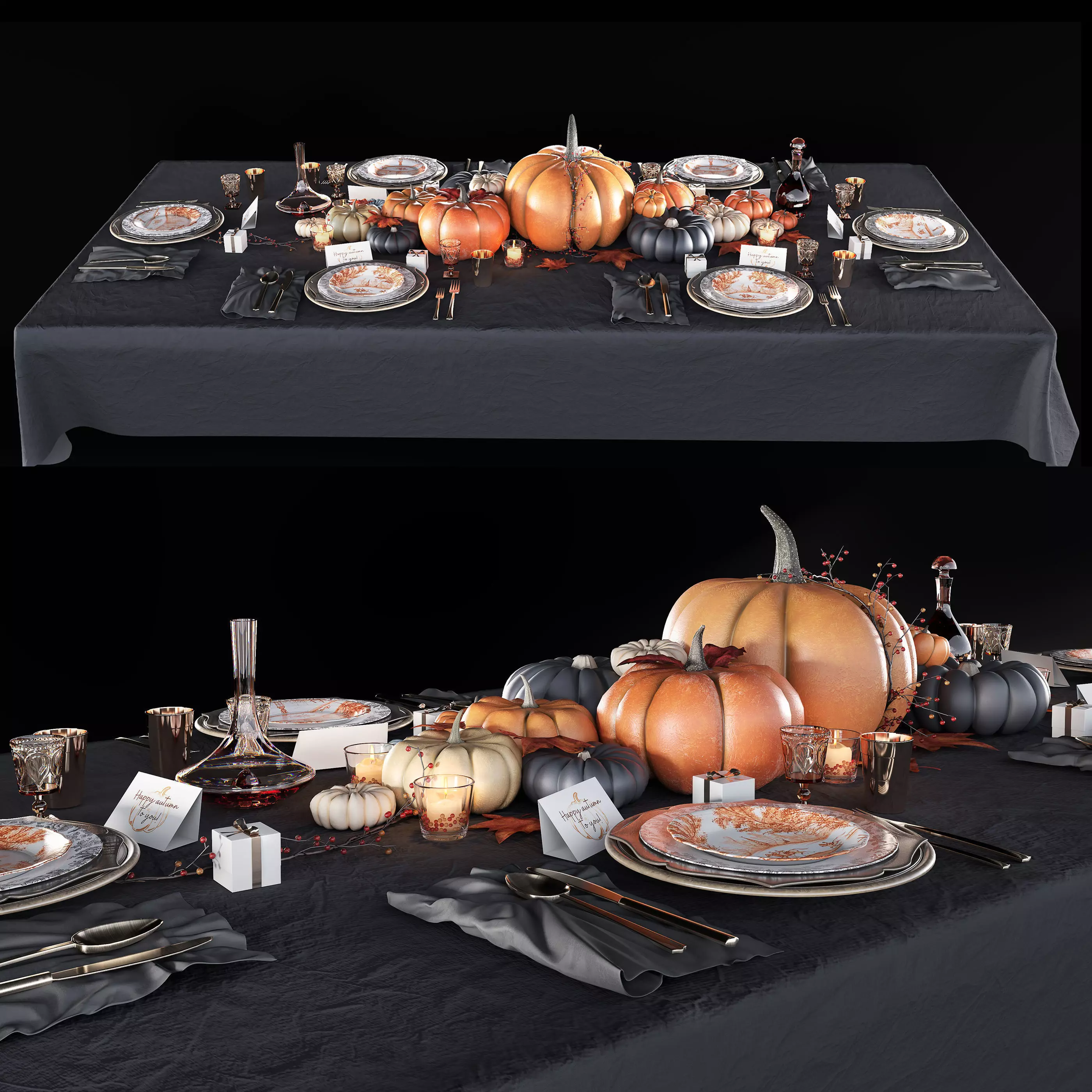 Golden autumn table set 3D model_0