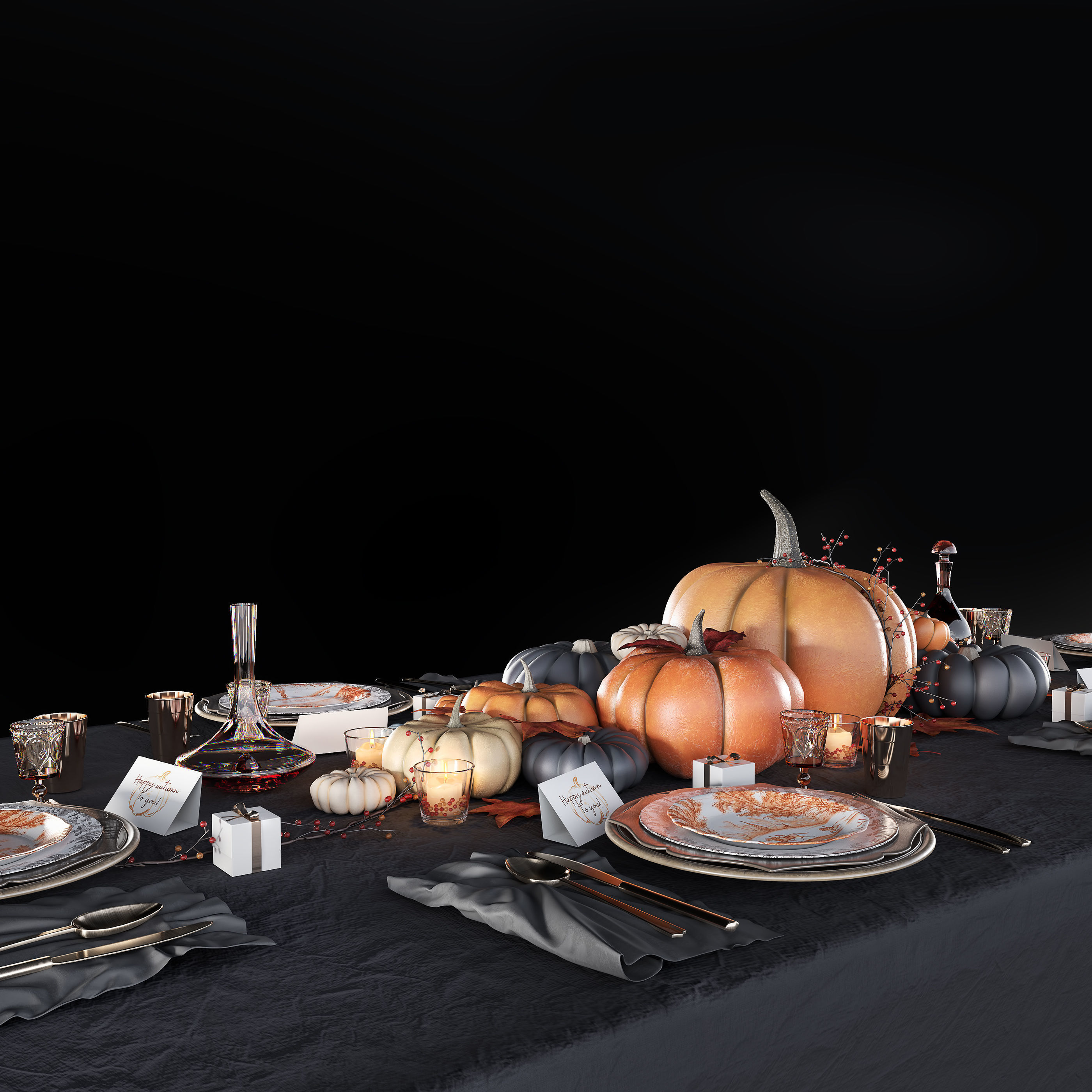 Golden autumn table set 3D model_7