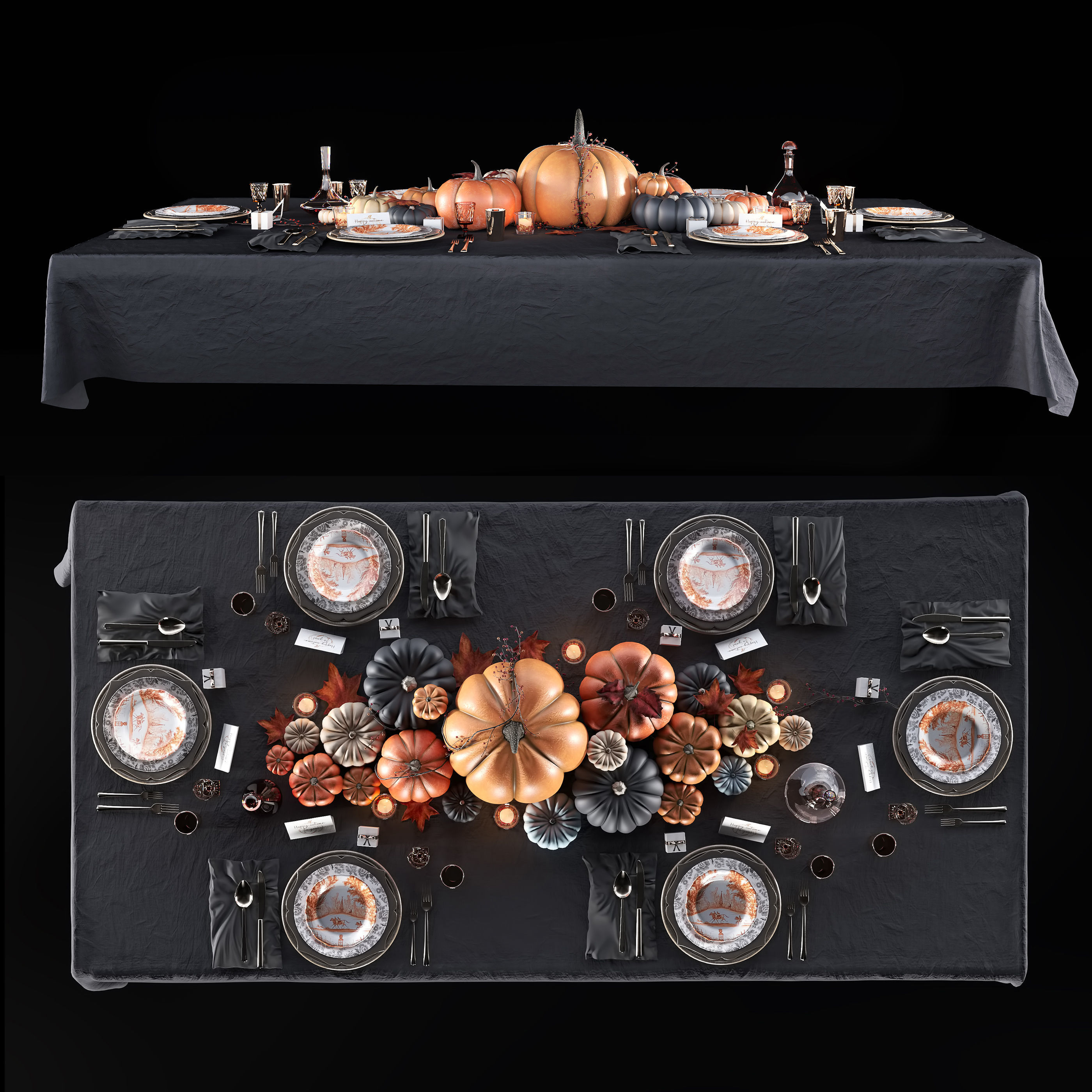 Golden autumn table set 3D model_4