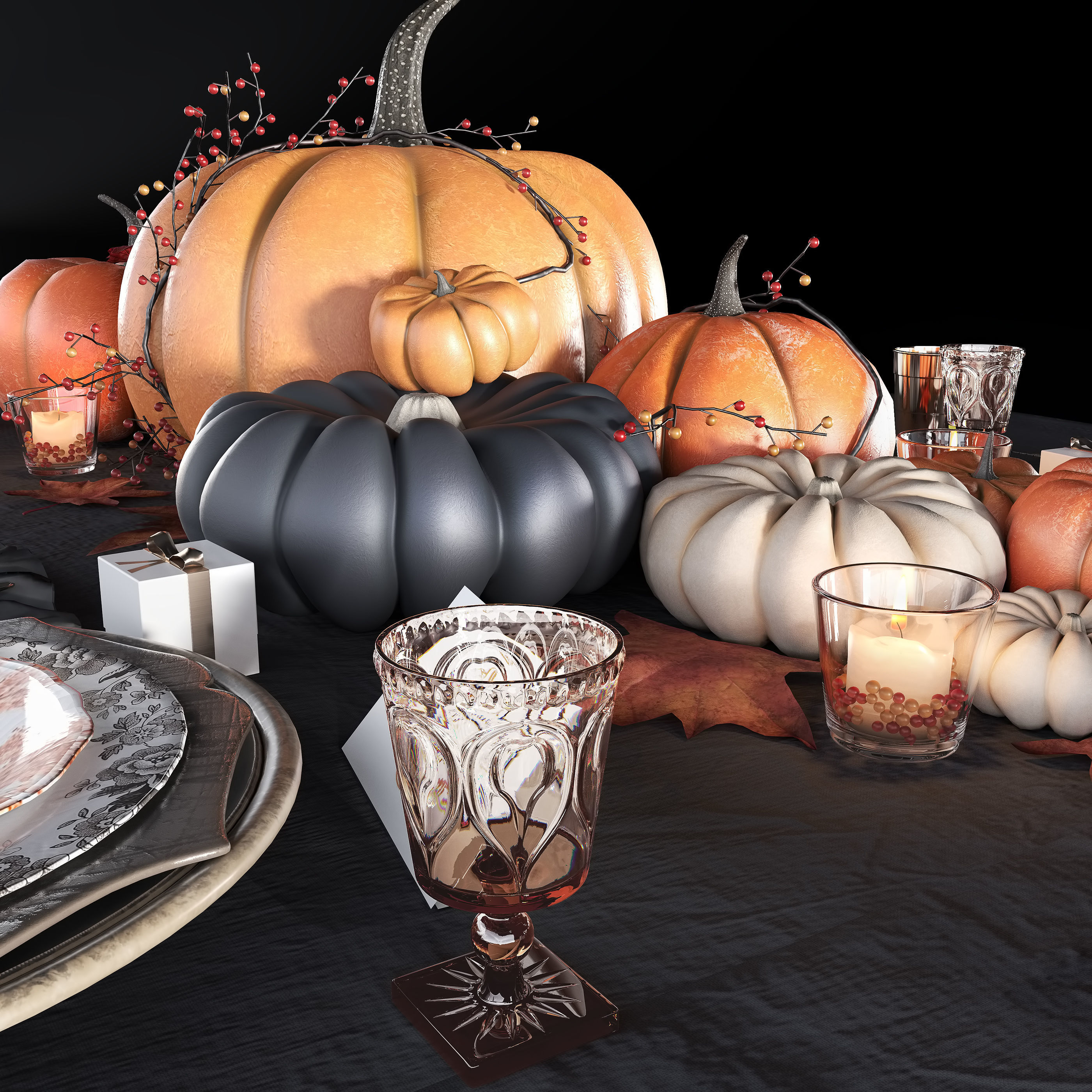 Golden autumn table set 3D model_2