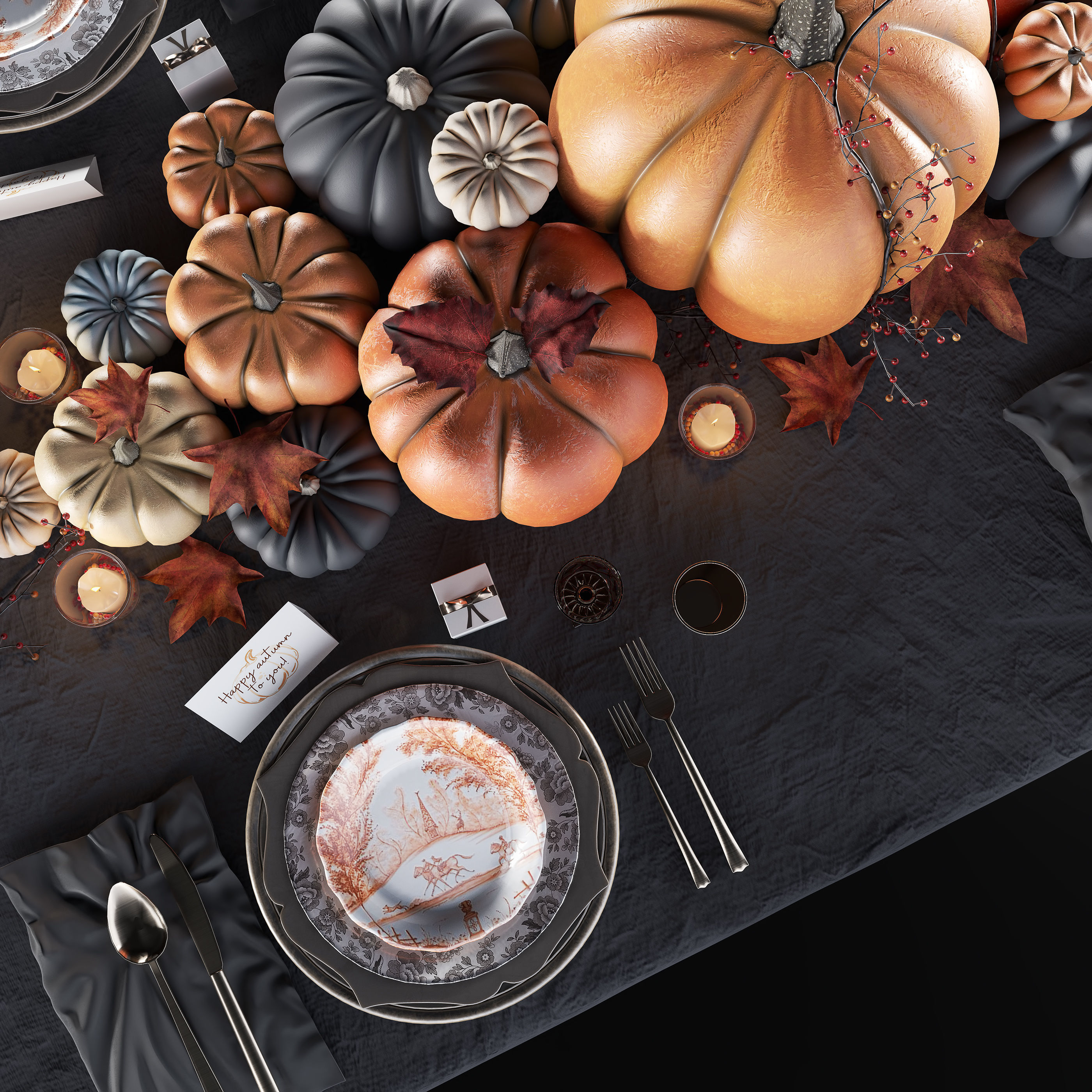 Golden autumn table set 3D model_3