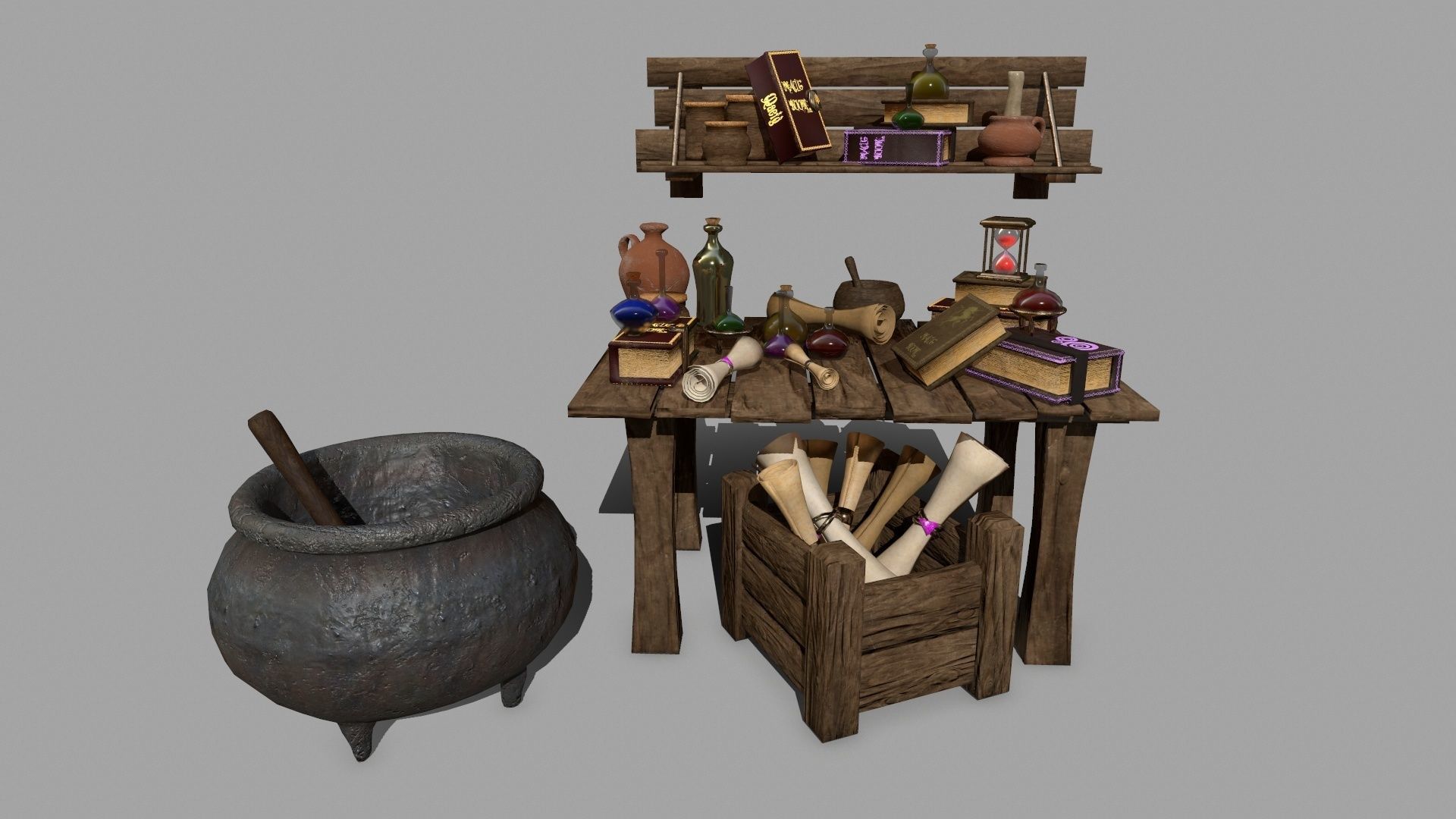 Alchemy Set pot with wooden spoon Low-poly 3D model_2