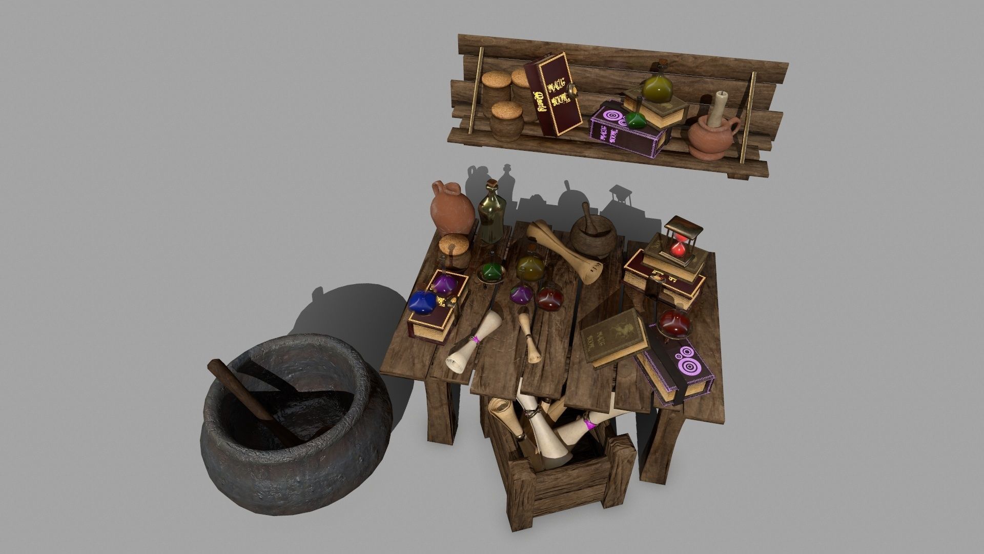 Alchemy Set pot with wooden spoon Low-poly 3D model_3