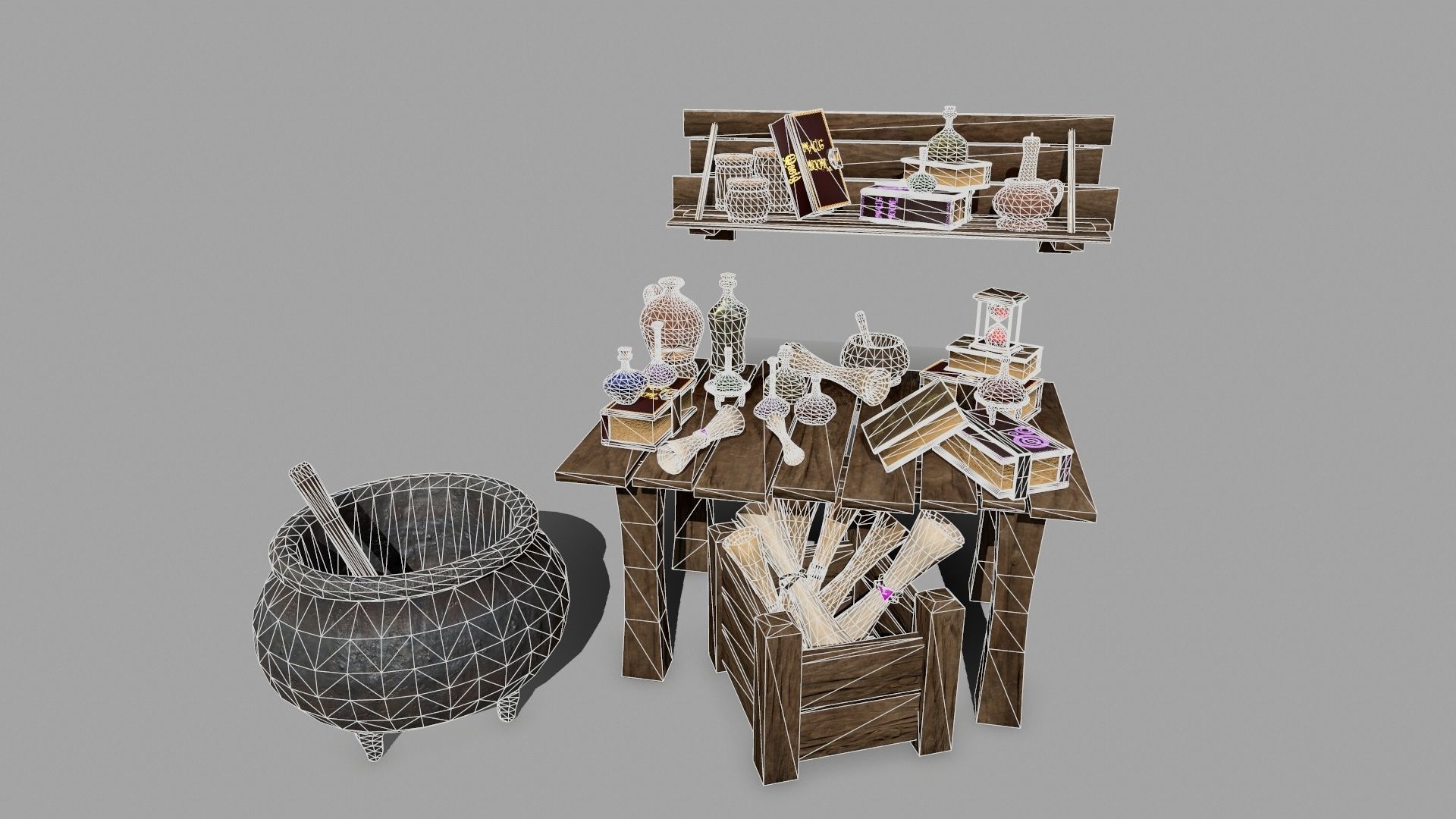 Alchemy Set pot with wooden spoon Low-poly 3D model_4