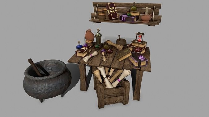 Alchemy Set pot with wooden spoon Low-poly 3D model