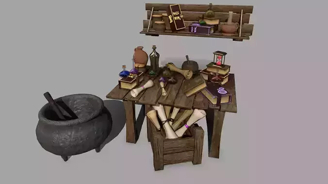 Alchemy Set pot with wooden spoon Low-poly 3D model