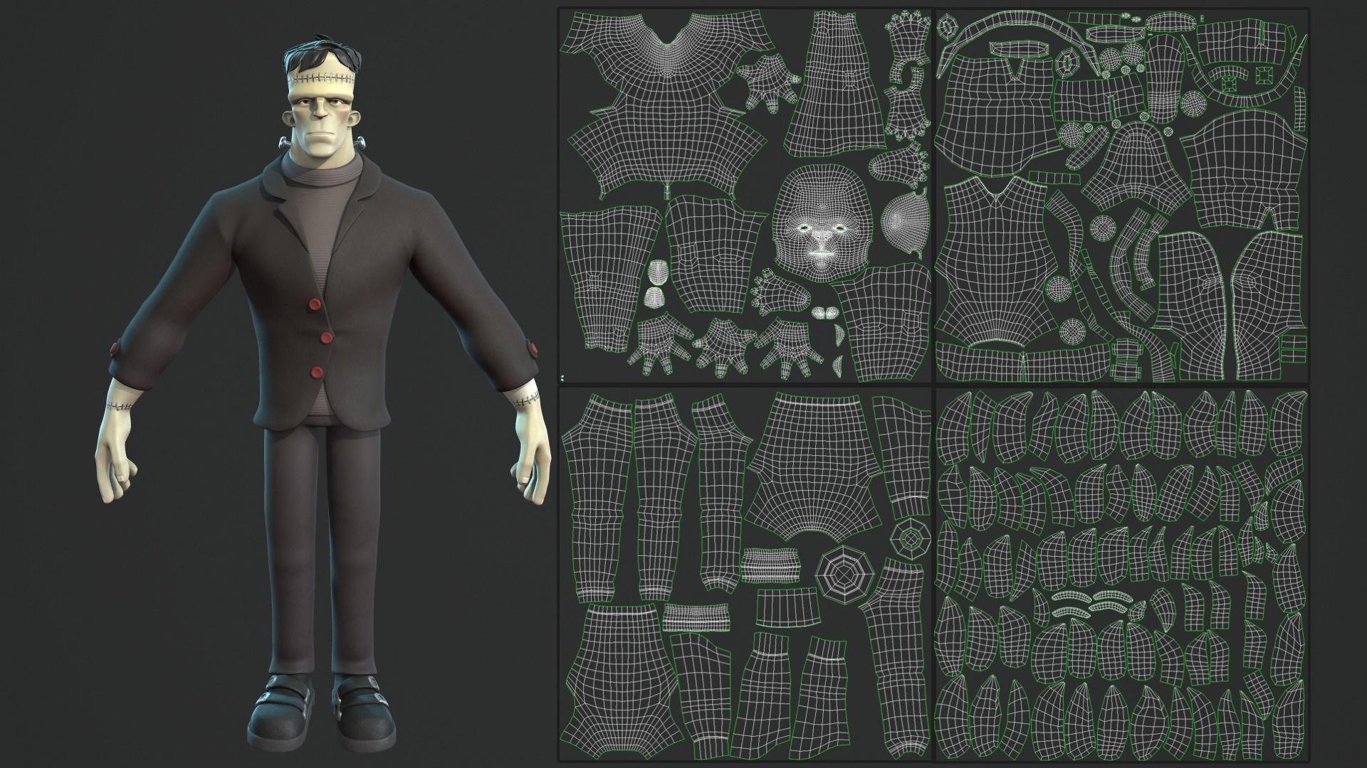 Frankenstein monster cartoon character base mesh Low-poly 3D model_10