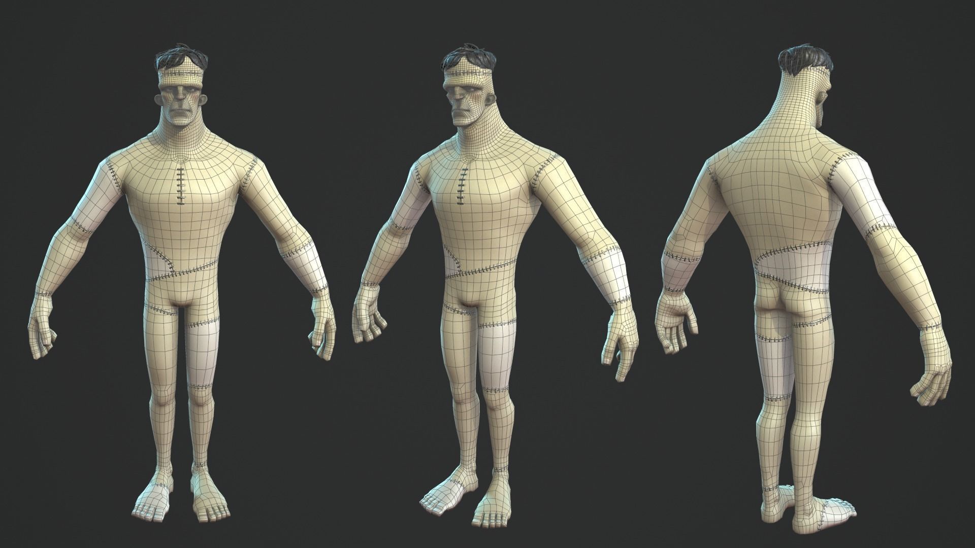 Frankenstein monster cartoon character base mesh Low-poly 3D model_6
