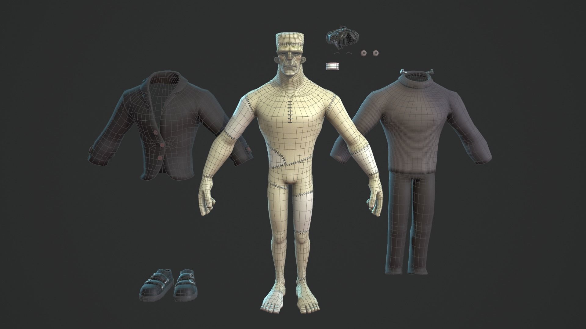 Frankenstein monster cartoon character base mesh Low-poly 3D model_9