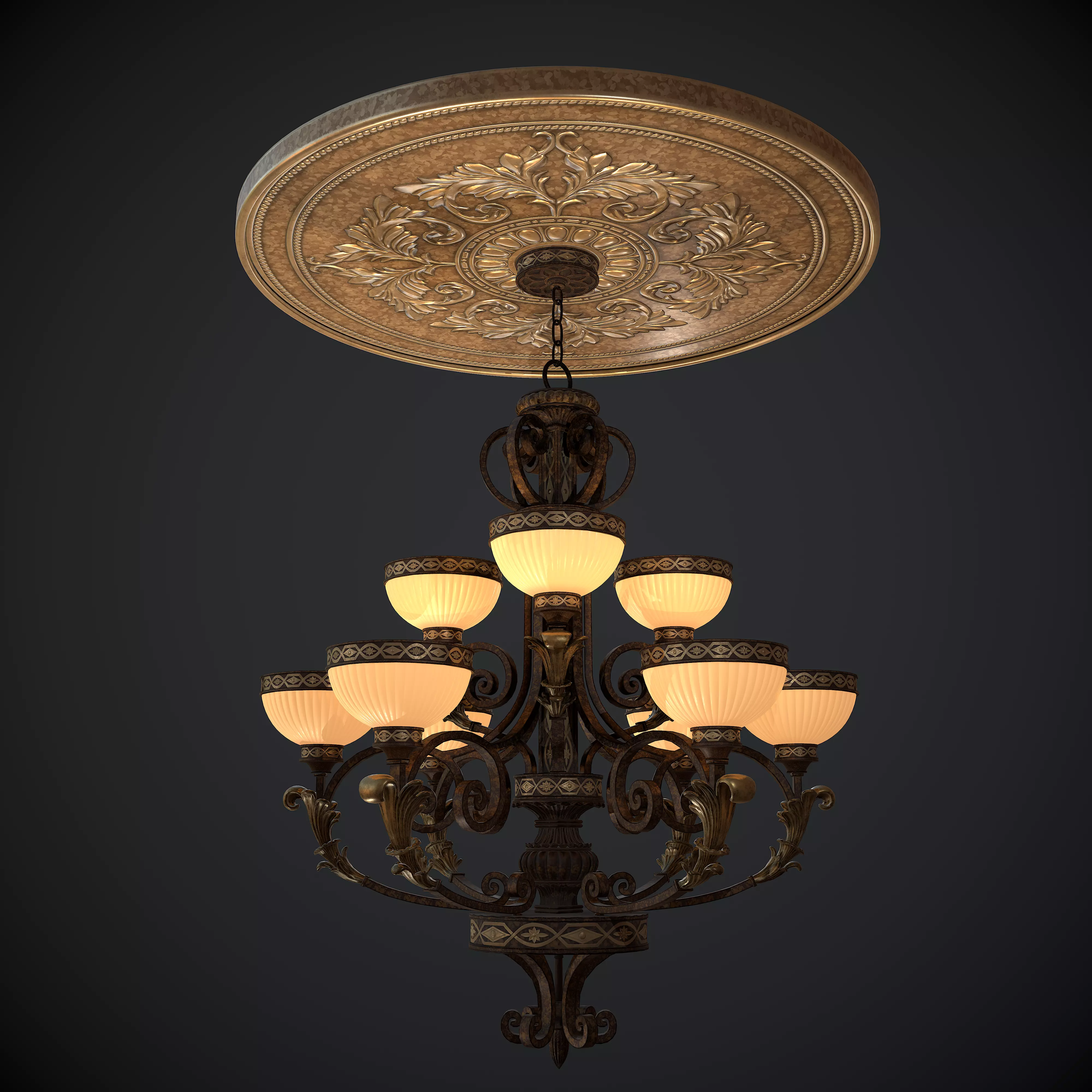 Chandelier nine lights with Ceiling medallion Low-poly 3D model_0