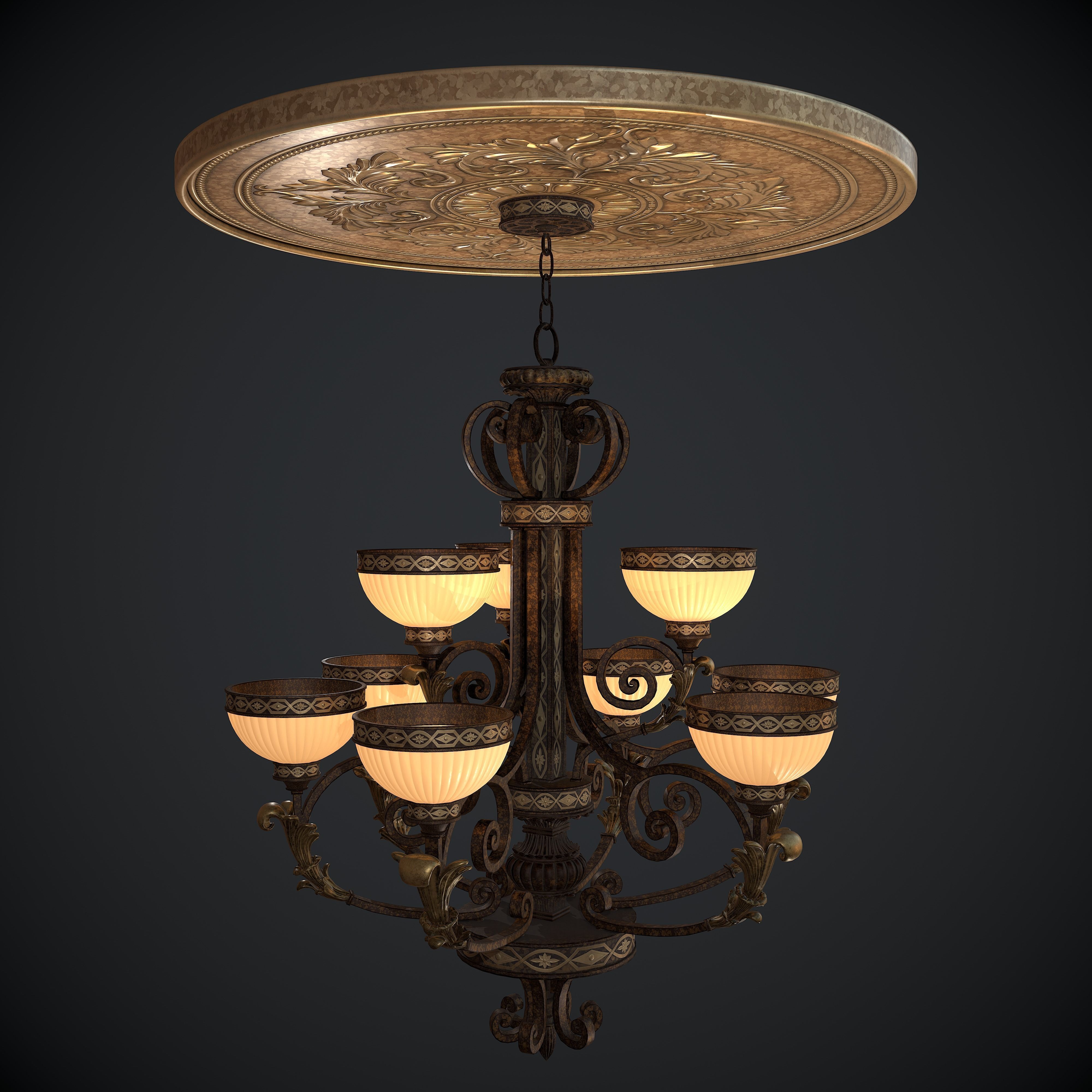 Chandelier nine lights with Ceiling medallion Low-poly 3D model_2