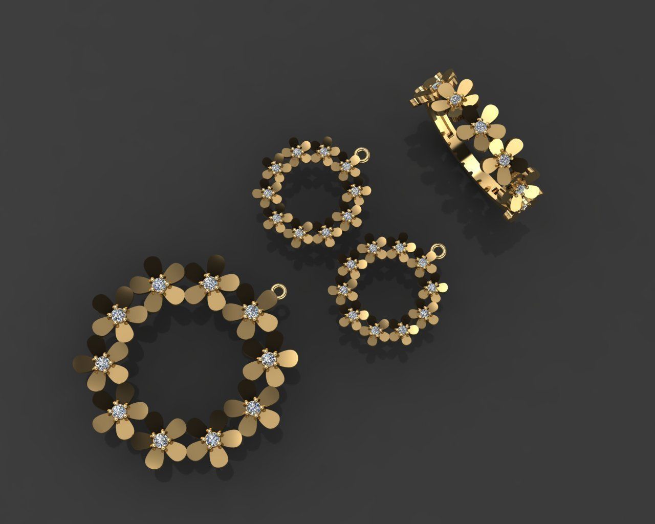 Z83-Diamond set three gold rings with diamonds 3D print model_3