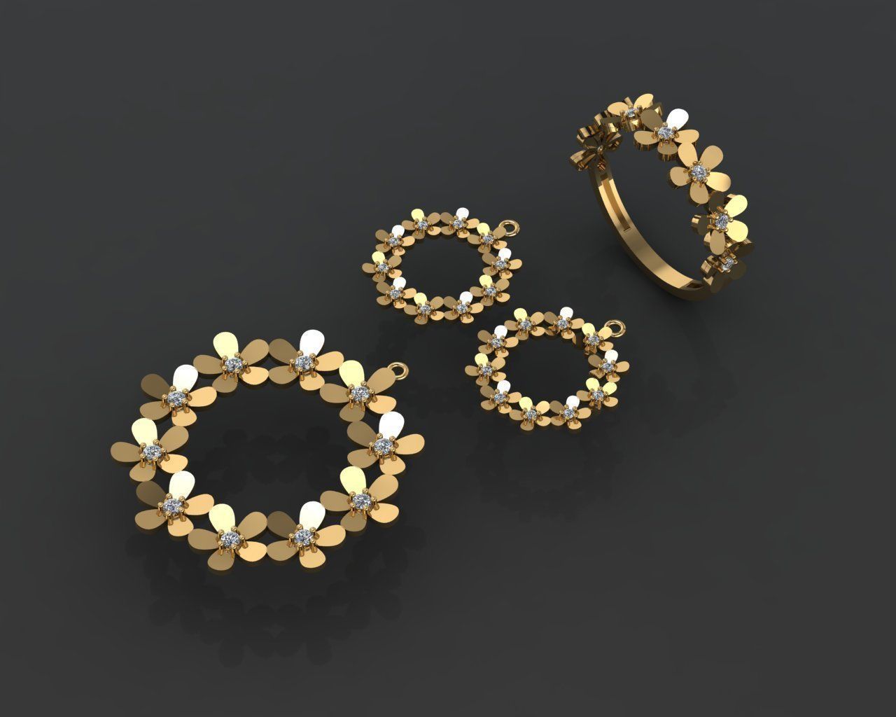 Z83-Diamond set three gold rings with diamonds 3D print model_1