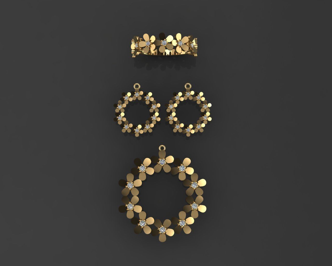 Z83-Diamond set three gold rings with diamonds 3D print model_2