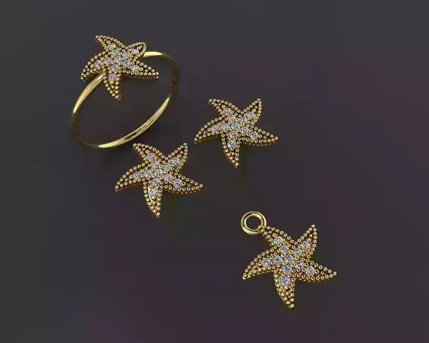 Z84-Diamond set gold starfish ring with diamonds