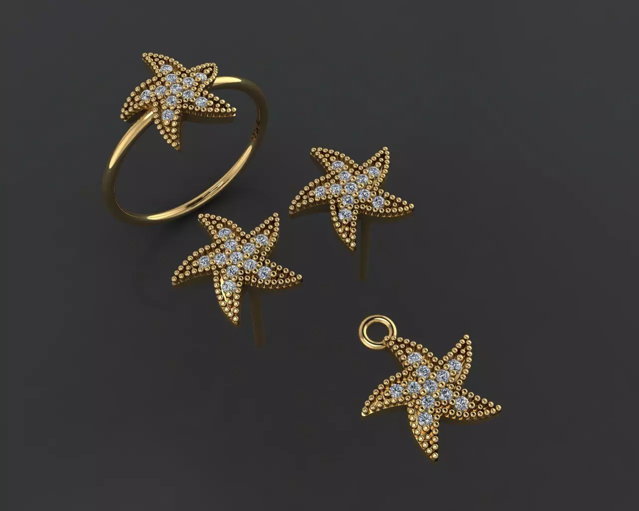 Z84-Diamond set gold starfish ring with diamonds 3D print model_0