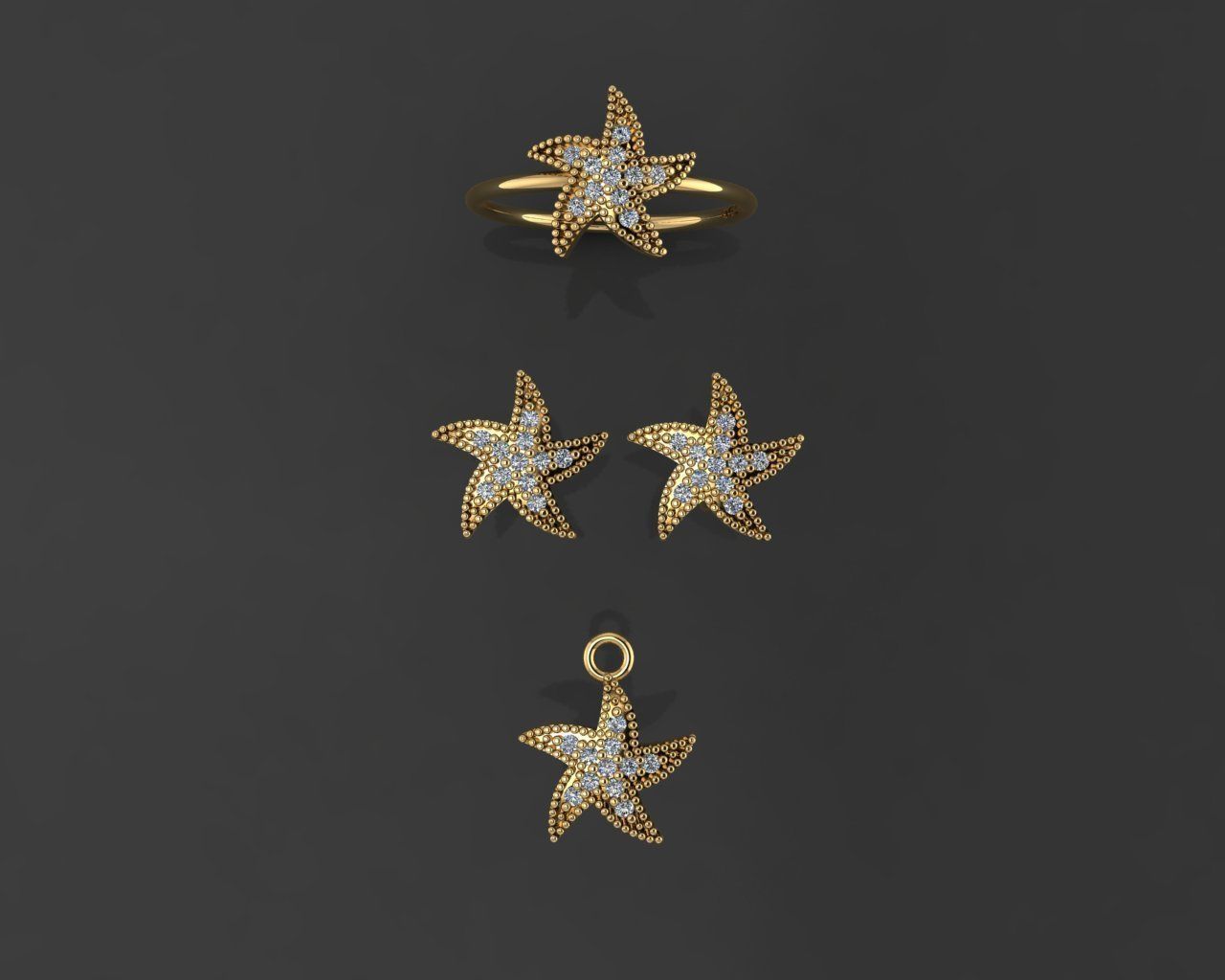 Z84-Diamond set gold starfish ring with diamonds 3D print model_2