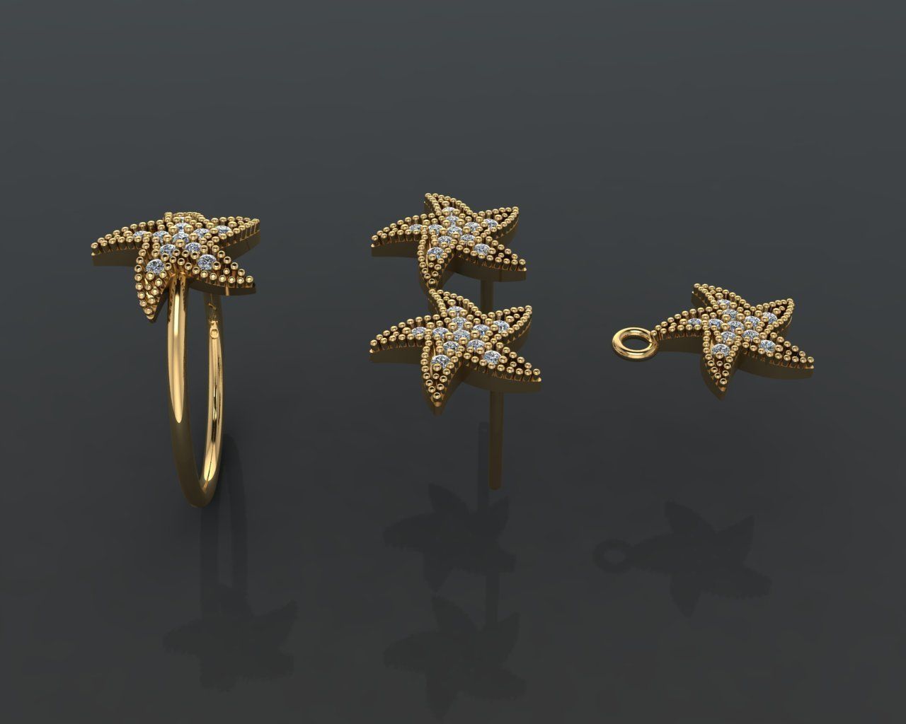 Z84-Diamond set gold starfish ring with diamonds 3D print model_3