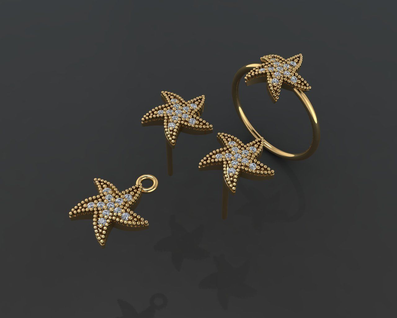 Z84-Diamond set gold starfish ring with diamonds 3D print model_1
