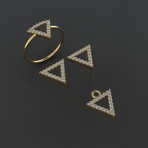 Z85-Diamond set gold triangle ring with diamonds 3D print model