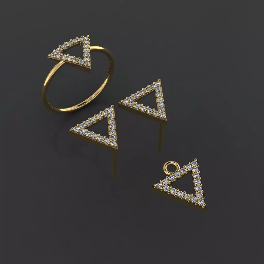 Z85-Diamond set gold triangle ring with diamonds 3D print model_0