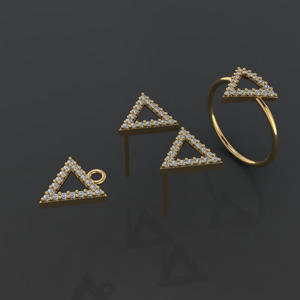 Z85-Diamond set gold triangle ring with diamonds 3D print model_1
