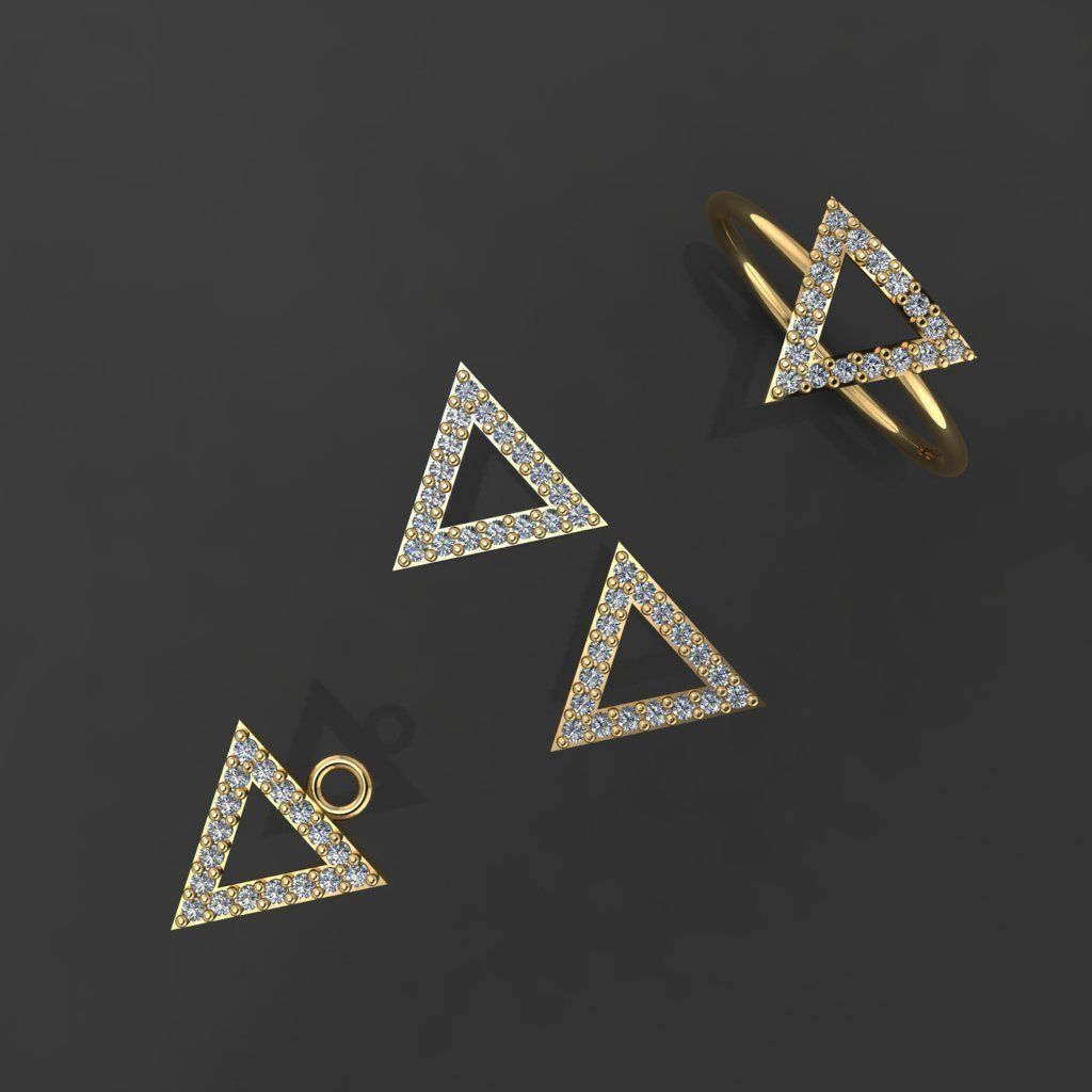 Z85-Diamond set gold triangle ring with diamonds 3D print model_4
