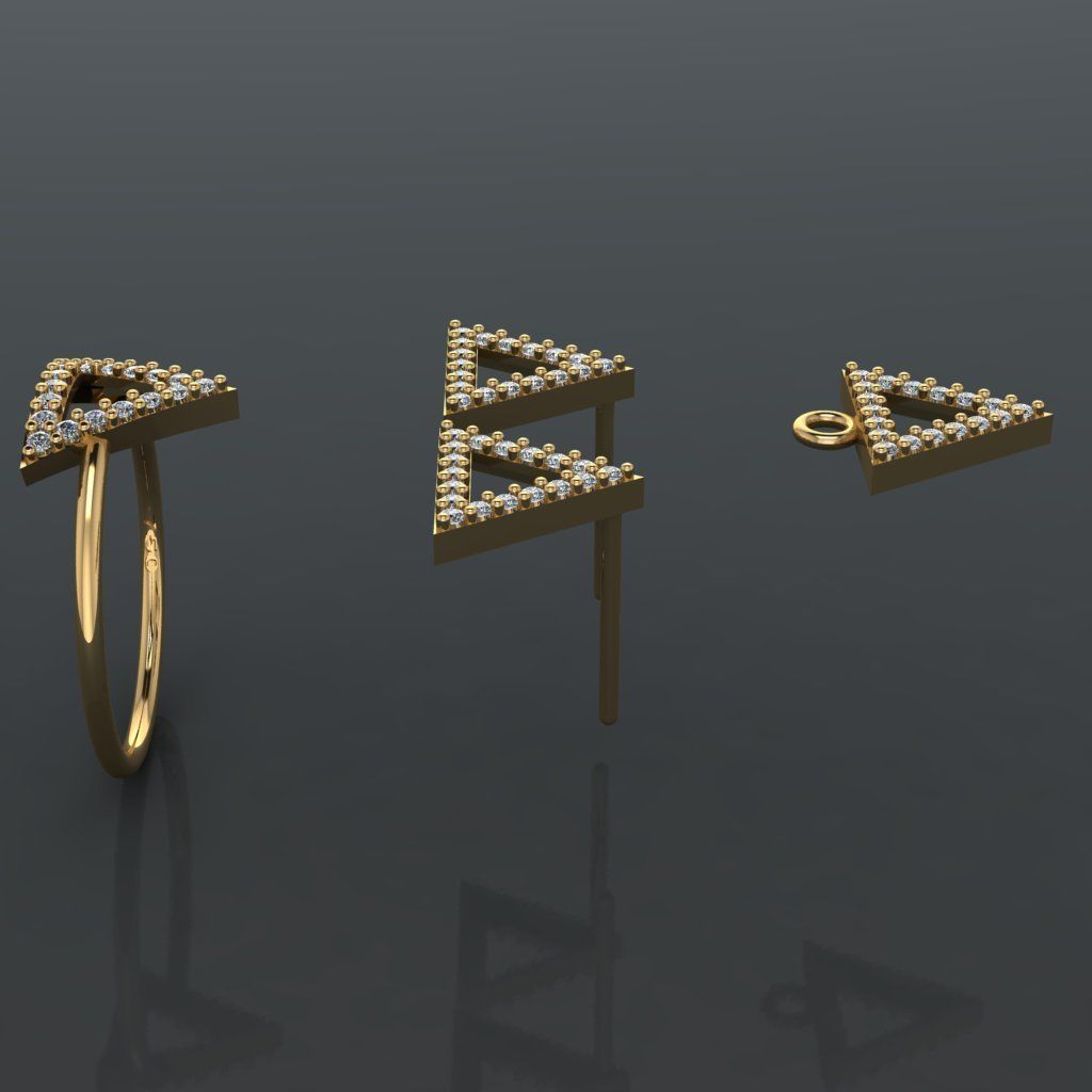 Z85-Diamond set gold triangle ring with diamonds 3D print model_3