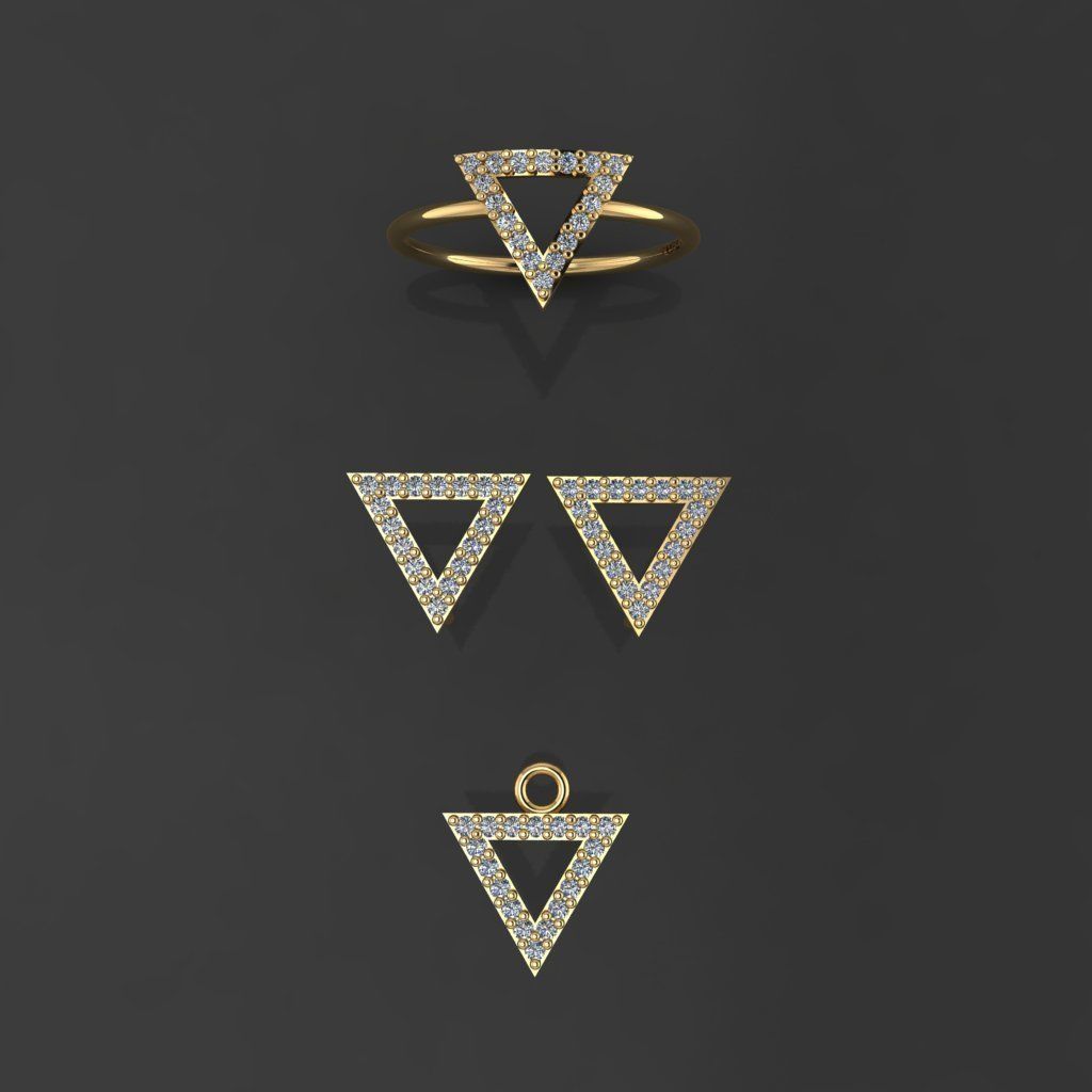 Z85-Diamond set gold triangle ring with diamonds 3D print model_2