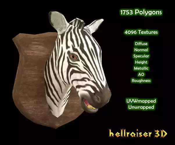 Zebra Head - PBR - Textured Low-poly 3D model