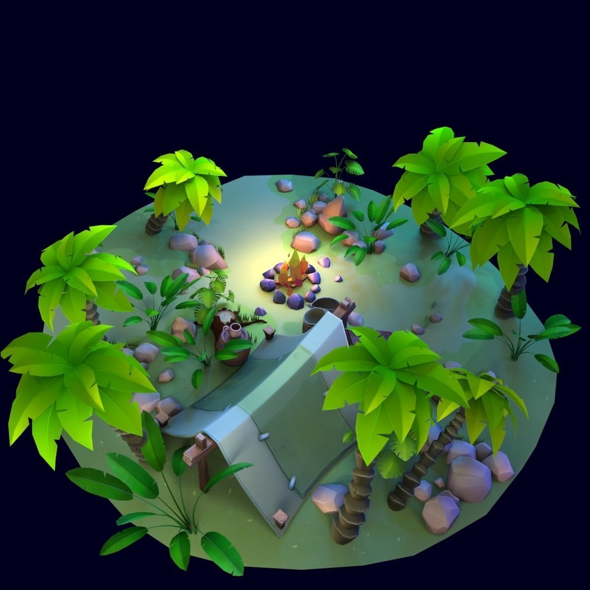 Stylized set island with palm trees and campfire Low-poly 3D model_3