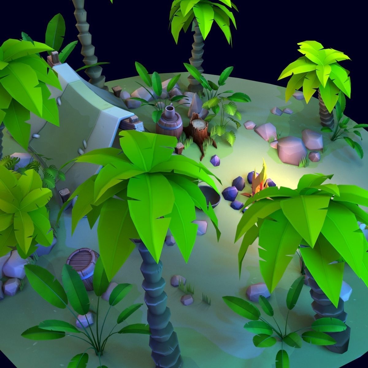 Stylized set island with palm trees and campfire Low-poly 3D model_9