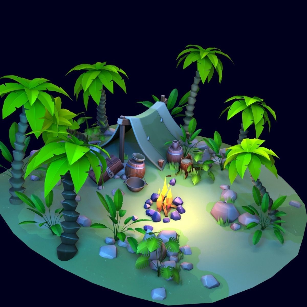 Stylized set island with palm trees and campfire Low-poly 3D model_5