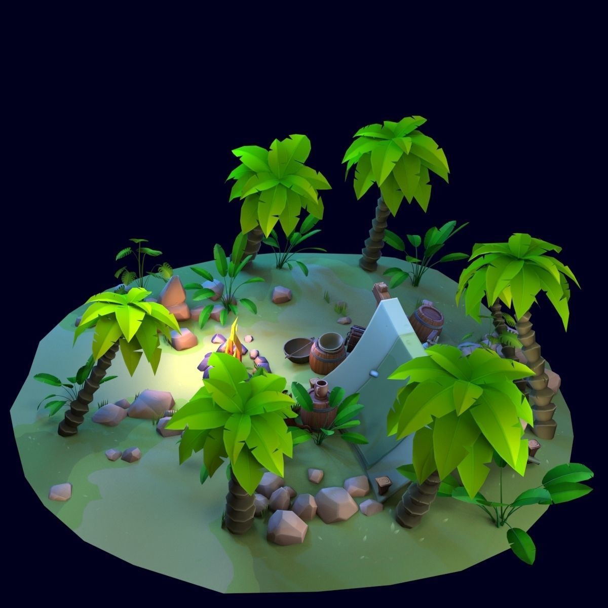 Stylized set island with palm trees and campfire Low-poly 3D model_2